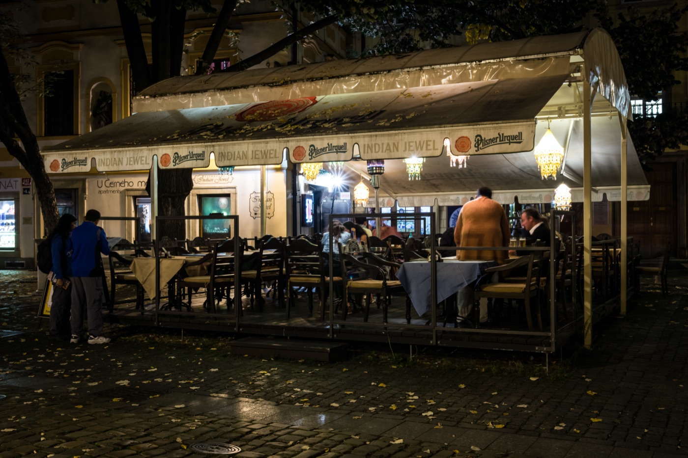 Indian Jewel's lantern-lit terrace at night